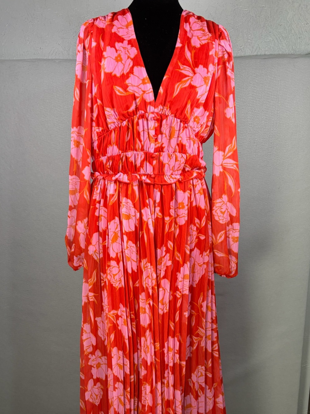 Red Floral V-Neck Maxi Dress with Pink Blooms